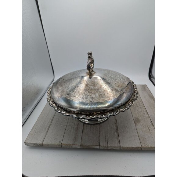 Wm A Rogers By Oneida Ltd Silversmiths 10” Dish Pedestal Bowl w/ Lid Etched - Picture 1 of 12